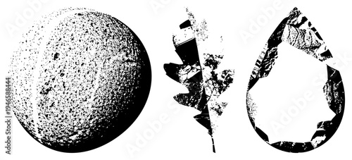 Stylized halftone sphere, oak leaf, and teardrop with textured grain, vector art, graphic design elements, black and white, isolated foreground.