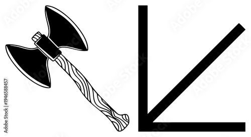 Black vector with wooden grip and dual blades, paired with bold geometric V shape, flat design, isolated graphic elements for UI or logo use.