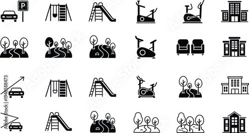 Urban lifestyle icons set including park, playground, fitness equipment, parking, buildings and landscape elements vector illustration collection