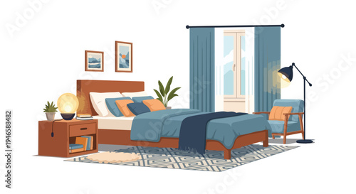 Cozy contemporary bedroom interior design with warm lighting and a comfortable bed inviting relaxation