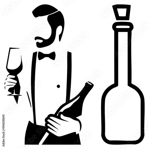 Formal server holding wine glass and bottle, tuxedo attire, celebratory service, upscale dining, event hospitality, black and white vector.