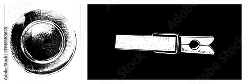 Retro style halftone button and clothespin vector, graphic design, isolated foreground elements, classic print aesthetic, stylized vector art.