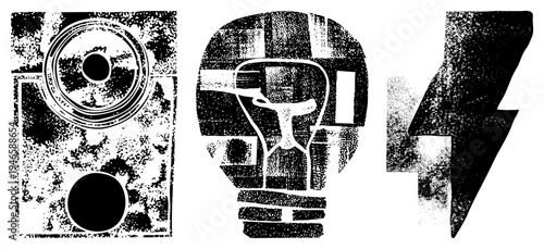 Stylized halftone graphic symbols speaker with circular drivers, lightbulb with, lightning bolt. Vector art with grainy texture,, conceptual design.