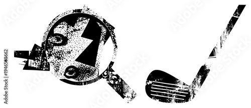 Bold halftone golf club with striped face, circular lightning bolt emblem, gritty texture, sports, vector illustration, black and white design.