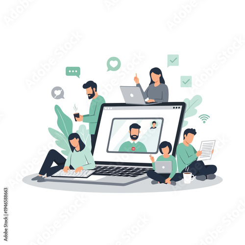 Group of People Using Large Laptop Together.