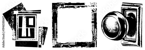 Classic doorknob with textured knob and rectangular frame, vintage window silhouette, rustic engraved borders, graphic design.