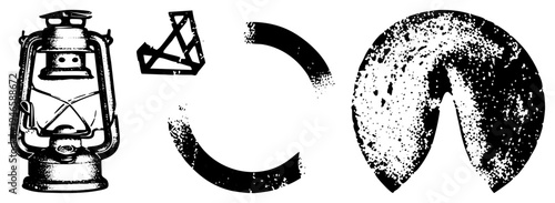 Classic oil lantern with glass globe and metal frame, fragmented geometric forms, distressed halftone circle, vector art, isolated graphic elements.