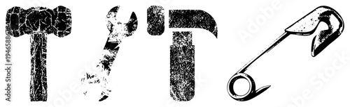 Vector letterforms shaped as hammer, wrench, bottle opener, and safety pin, gritty texture,, industrial typography, stencil effect, mechanical.