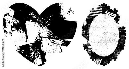 Stylized heart shape with distressed texture, decorative oval frame with scalloped border, vector art, graphic design elements, vintage aesthetic, halftone effect, isolated foreground.