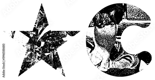 Distressed star shape and cat silhouette within a stylized C, halftone dot, graphic design, vintage gritty aesthetic.