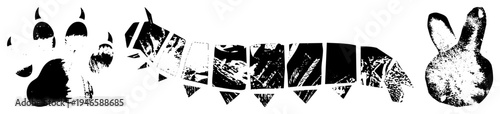 Paw print, segmented caterpillar, rabbit head bold black shapes with grainy halftone texture, graphic vector art, isolated animal motifs.
