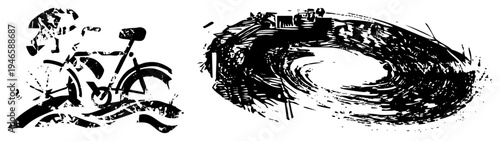 Dynamic black and white vector art featuring fragmented bicycle and swirling spiral, expressive brushstroke style, graphic design elements, isolated foreground.