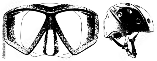Underwater diving gear set, snorkeling mask with textured frame, protective helmet with ventilation holes, black and white sketch style, isolated vector elements for design.