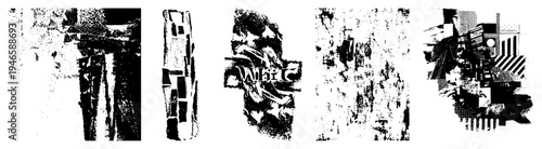 Black and white abstract composition with fragmented shapes, halftone textures, and stylized text, vector art, graphic design, isolated elements.