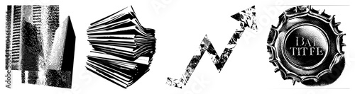Vector halftone skyscraper, document pile, upward arrow, bottle cap. Black and white dot design. Isolated graphic elements for UI, print, or web use.