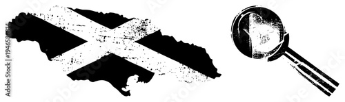 Scotlands Saltire flag layered over country, magnifying glass symbol, vector graphic,, distressed texture, historical emblem, geographic.
