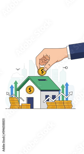 Hand Putting Coin into House Model.