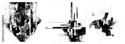 Fragmented geometric forms rendered in halftone dot textures, vector art, abstract composition, graphic design elements, modern minimalism.