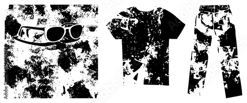 Retro sunglasses, distressed t shirt, ripped jeans, halftone graphic, fashion apparel, vector silhouette, urban streetwear, print.