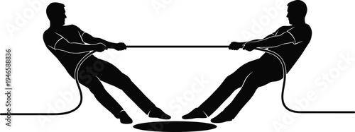 Two men pulling rope in tug of war competition, teamwork strength challenge concept, sport rivalry silhouette illustration