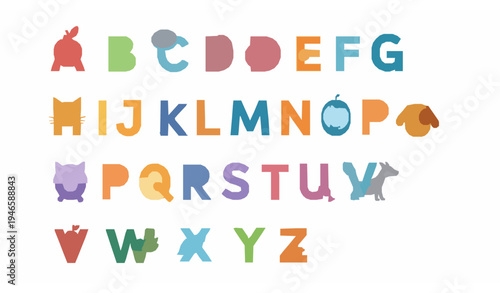 Funny cartoon alphabet letters with matching objects for kids education isolated on white background vector illustration