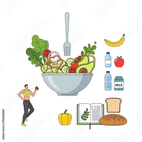 Healthy Food and Fitness Illustration Concept.