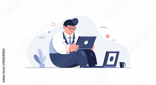 A man in a suit works on two laptops, with a plant and coffee nearby