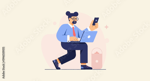 A man in formal attire using a laptop and phone, styled illustration