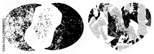 Stylized moon with halftone texture, fragmented newspaper collage, vector art, graphic design element, print motif.