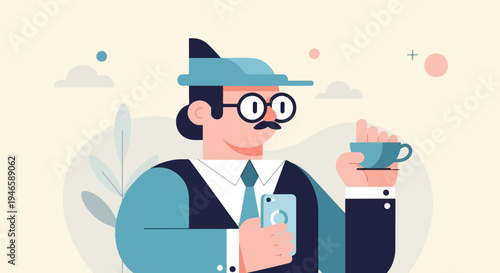 A man in a hat, glasses, and suit holds a coffee cup and phone