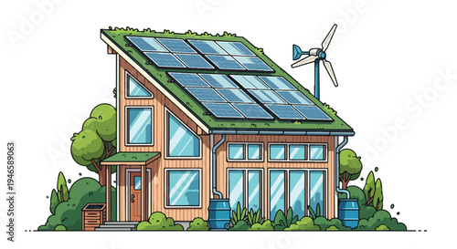 This lively illustration shows a green house with solar panels, a wind turbine, and rainwater collection promoting eco-friendly energy solutions
