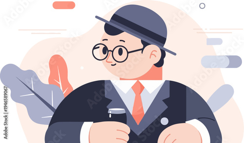 A man in a hat and suit holds a drink, with abstract shapes and plants