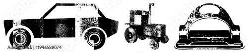 Classic car, farm tractor, and antique typewriter rendered in halftone vector style, isolated foreground elements, graphic design, retro tech and transport.