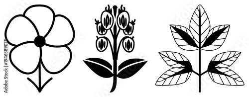 Simple black art of flower, bud, and leaf designs, botanical illustrations, stylized plant graphics, clean vector, nature motifs.