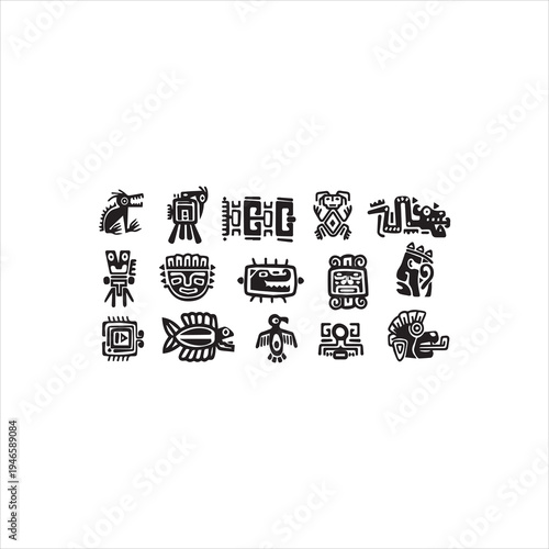  Mexican gods symbols. Abstract aztec animal bird totem idols, ancient inca maya civilization primitive traditional signs. Vector collection