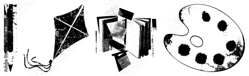 Creative toolkit including pencil, flying kite, stacked books, and painter’s palette, all rendered in halftone texture with distressed aesthetic. Art supplies, creative equipment, design assets.