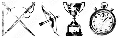swords and bow with arrow, trophy cup, stopwatch gritty textures, black and white, symbolic, distressed design, competitive themes, vintage aesthetic.