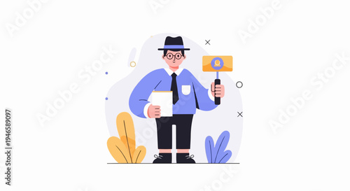 A man in a hat and suit holds a clipboard and a sign with a magnifying glass