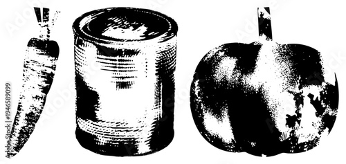 Stylized halftone graphic of carrot, tin can, and, print art, vintage food, retro food illustration.
