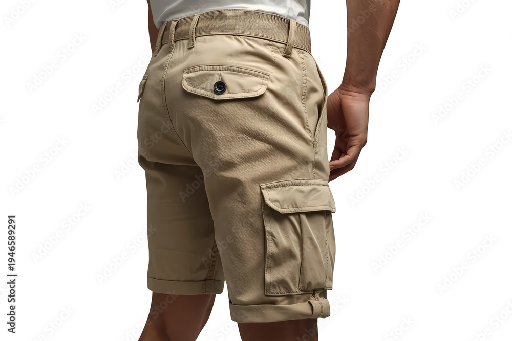Naklejka premium Man wearing beige cargo shorts with rolled cuffs, showcasing summer style, casual comfort, and practical pockets, transparent background