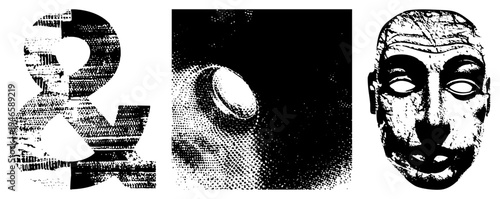 Stylized ampersand, halftone eyeball, and weathered mask in vector art. Retro graphic elements, vintage typography, symbolic.