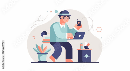 A man in a hat and glasses works on a laptop, holding a phone