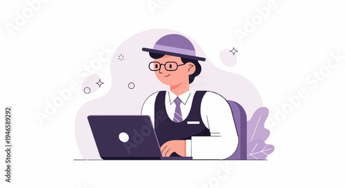 A man in a hat and glasses smiles while typing on a laptop