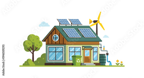Sustainable eco-friendly house with solar energy panels, wind power, rainwater harvesting, and recycling solutions demonstrating modern green living