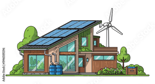 Illustrative rendering of an advanced eco-friendly house powered by rooftop solar panels and a wind turbine symbolizing sustainable modern living in