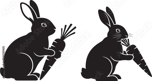 Easter Bunny Silhouette with Carrot – Cute Rabbit Black Vector. Silhouette illustration of easter bunny with carrot