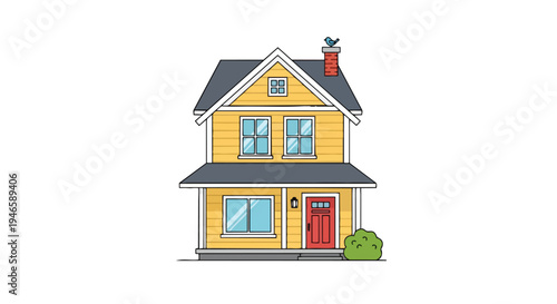 Charming two-story house illustration with vibrant yellow siding, a red door, and a bird.