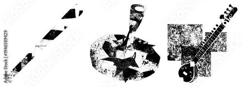 Fragmented black and white musical instruments rendered with halftone texture, geometric shapes, artistic abstraction, vector illustration, stylized design, musical.