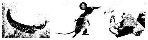 Silhouetted mouse, manta ray, geometric fragments halftone vector, gritty texture. Ideal for graphic design, illustration, UI.