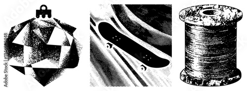 Decorative geometric ornament with alternating black and white triangular facets, hanging hook, holiday decor, festive ornament, vector graphic, halftone texture, isolated design.